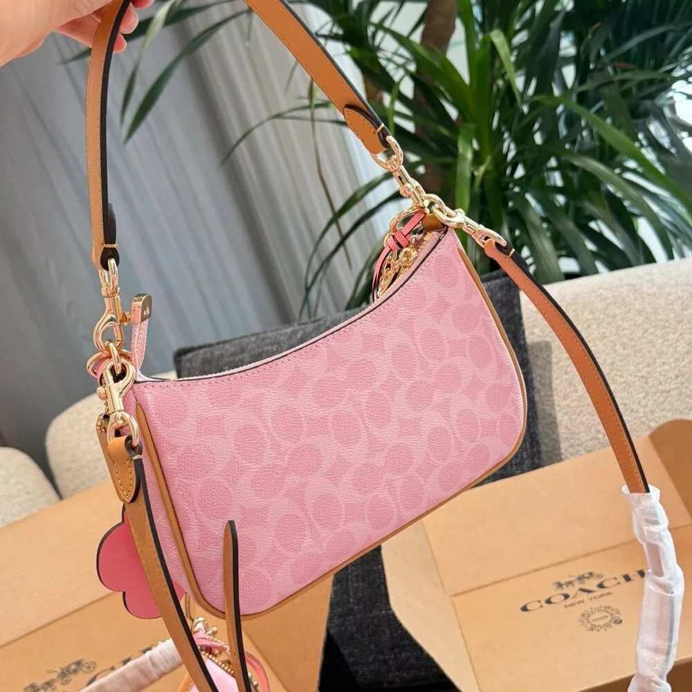 Coach Teri Shoulder Bag Signature Canvas With Charms Gold/Powder Pink CEA20 NWT